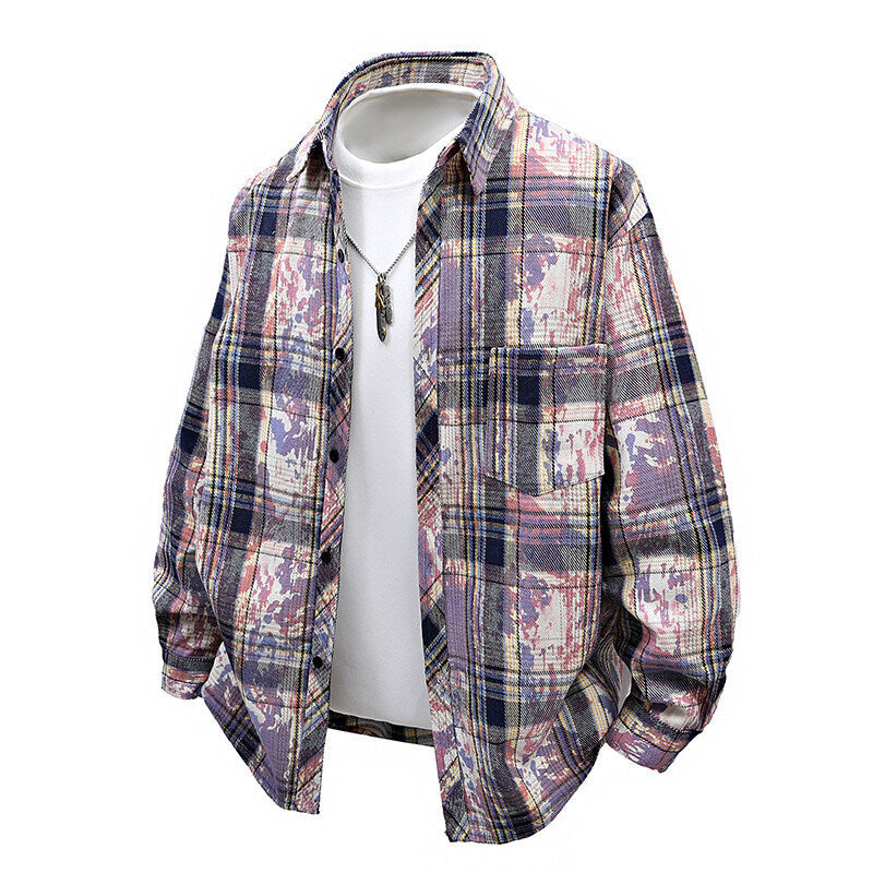 Men's oversized check shirt with creative color accents and practical chest pockets Lisslune