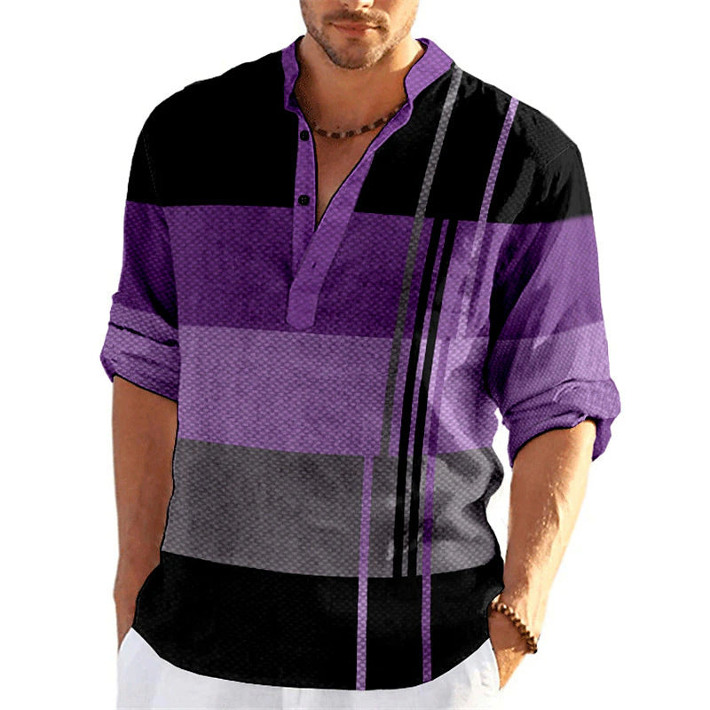 Men's casual long sleeve shirt with button placket and textured surface Lisslune
