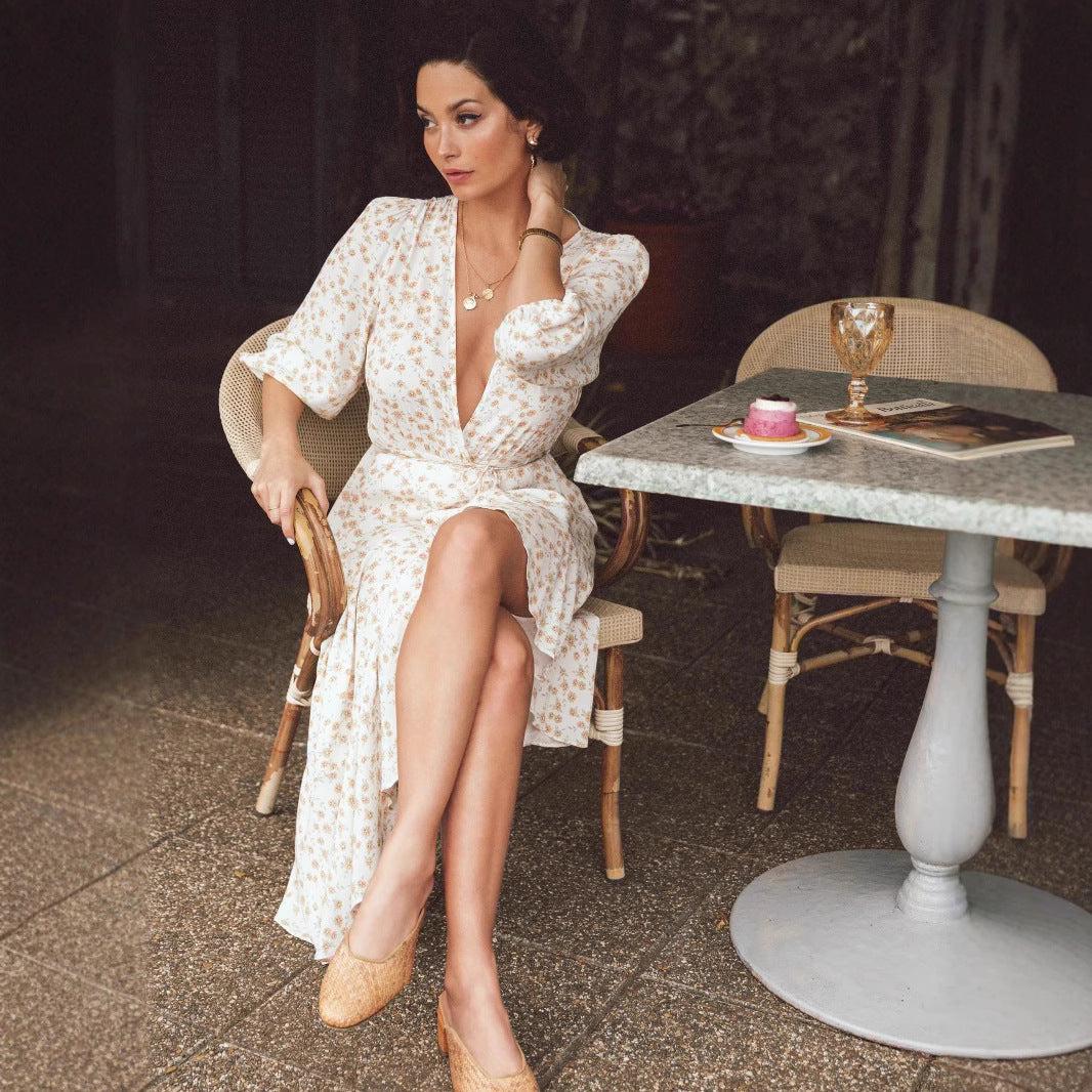 Women’s wrap dress with flowing skirt and V-neck
