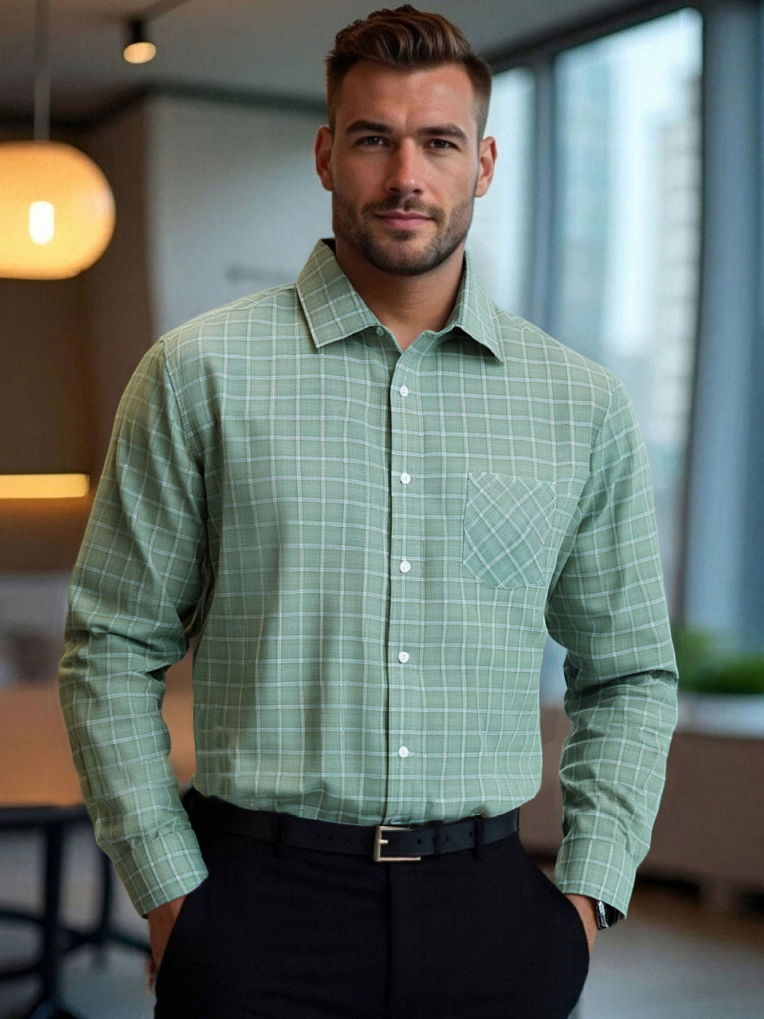 Men's modern checkered long-sleeve shirt with chest pocket Lisslune