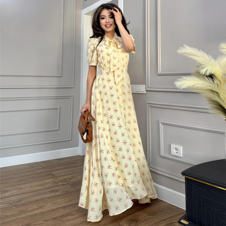 Women's maxi dress with elegant bow tie and romantic flower pattern Lisslune