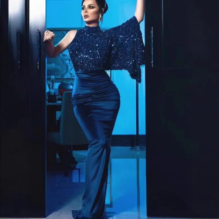 Ladies Glittering Evening Dress with Asymmetric Cut Lisslune