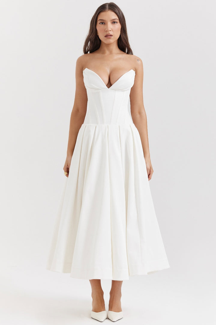 Women's A-line evening dress with corset top and flared skirt