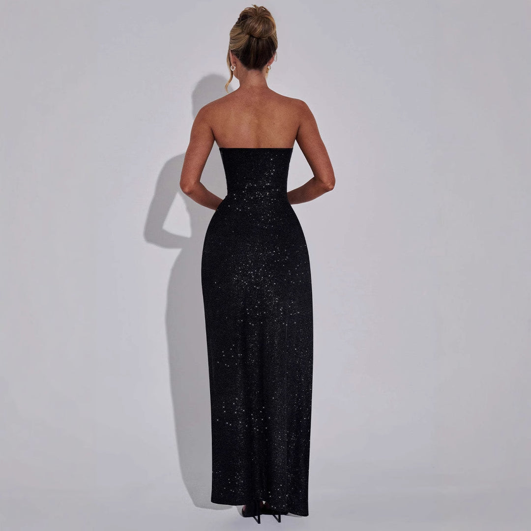 Women's Sparkling Evening Dress with Off-Shoulder Design and Side Slit