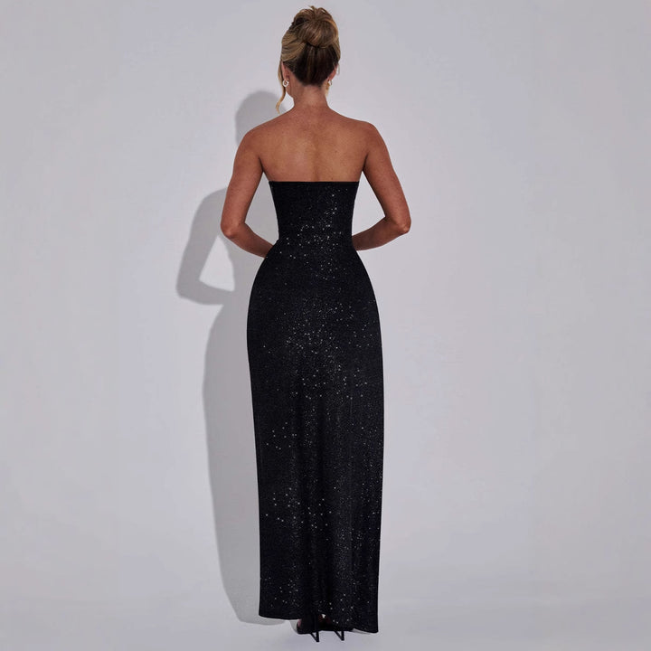 Women's Sparkling Evening Dress with Off-Shoulder Design and Side Slit