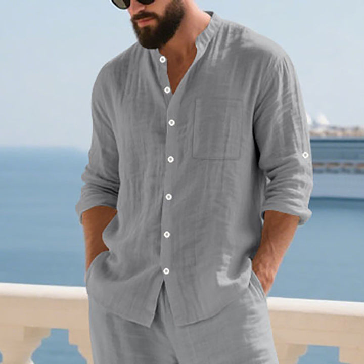 Men's linen shirt with modern stand-up collar and practical breast pocket Lisslune