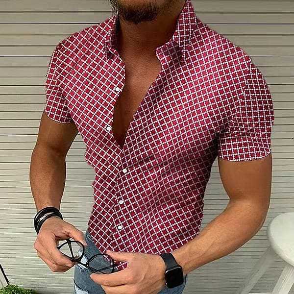 Men's Short Sleeve Shirt with Modern Check Pattern and Breathable Cotton Blend Lisslune