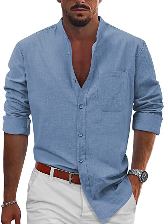 Men's casual linen shirt with classic V-neck and chest pocket Lisslune
