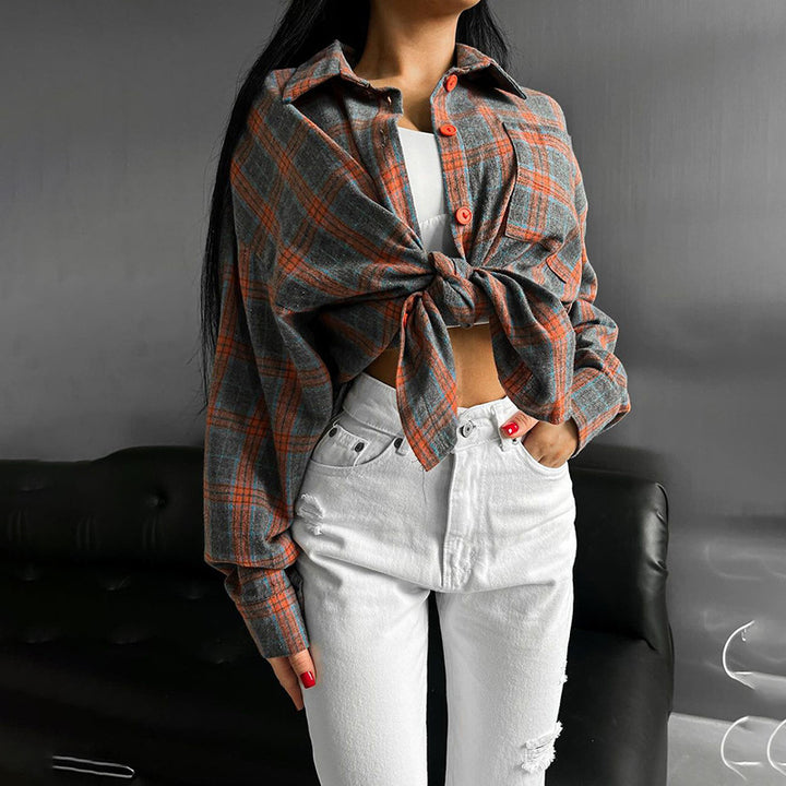 Women Check Pattern Crop Shirt with Ties and Casual Cut