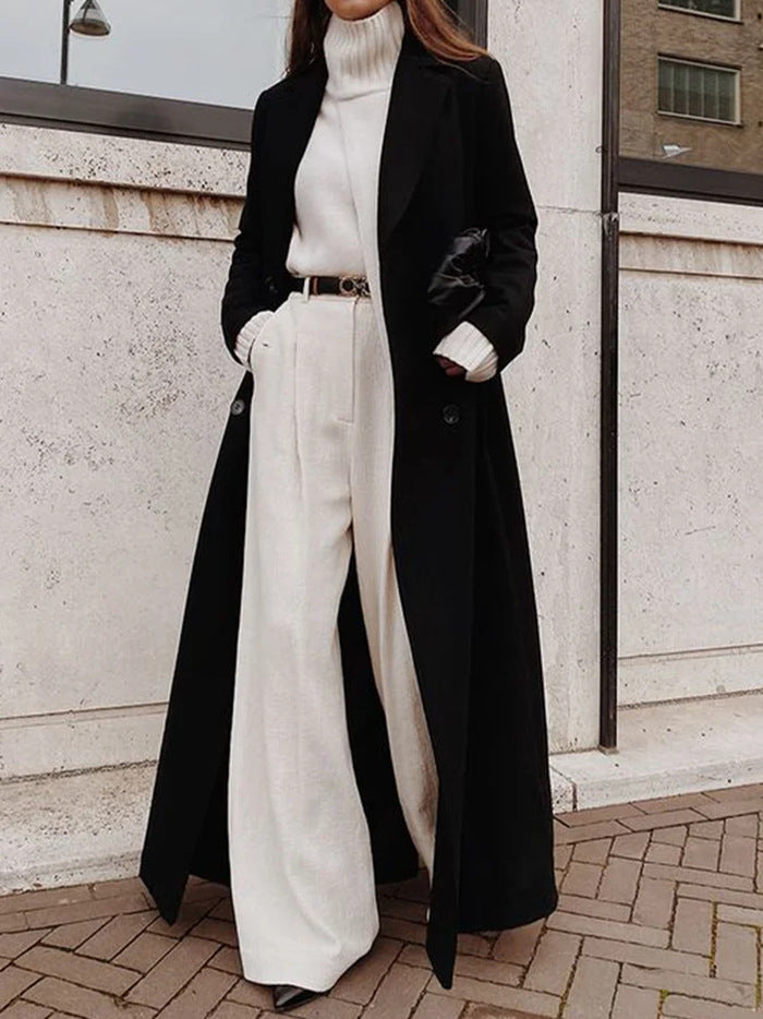 Ladies Elegant Wool Coat with Double Button Placket and Deep Pockets