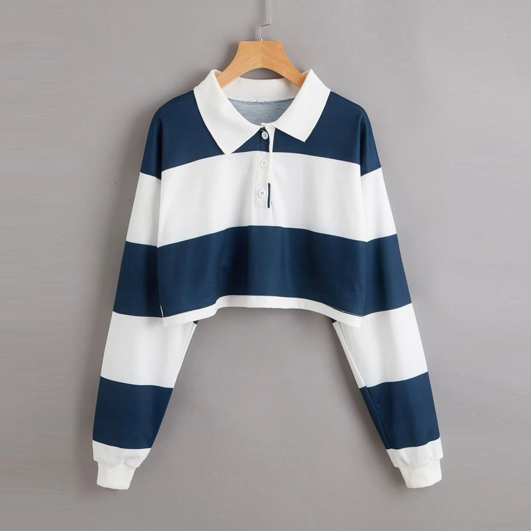 Women's Short Sleeve Polo Sweater with Colorful Stripes Lisslune