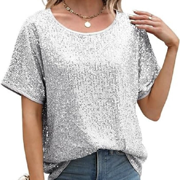 Women Glamorous Sequin Top with Wide Sleeves and Loose Fit Lisslune