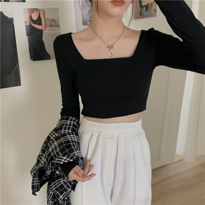 Women’s Long Sleeve Crop Top with Elegant Square Neckline and Flattering Fit