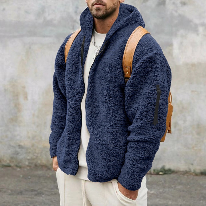 Men's Plush Fleece Jacket with Hood and Practical Pockets Lisslune
