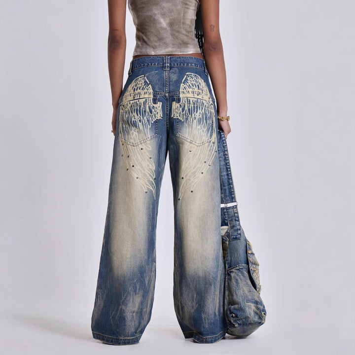Damen weite Jeans mit kunstvollem Flügel-Design und einzigartigen Details Lisslune