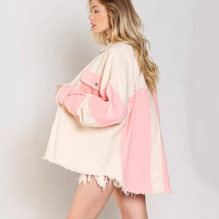Women's Oversized Denim Jacket with Unique Color Blocks and Fringed Details Lisslune