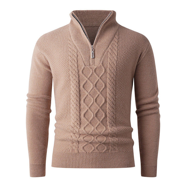 Men's chunky knit sweater with modern stand-up collar and functional zipper Lisslune