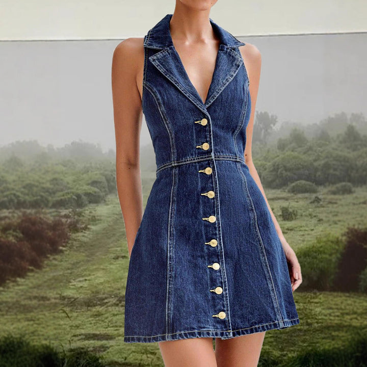 Women's denim dress with modern lapel collar and button details Lisslune