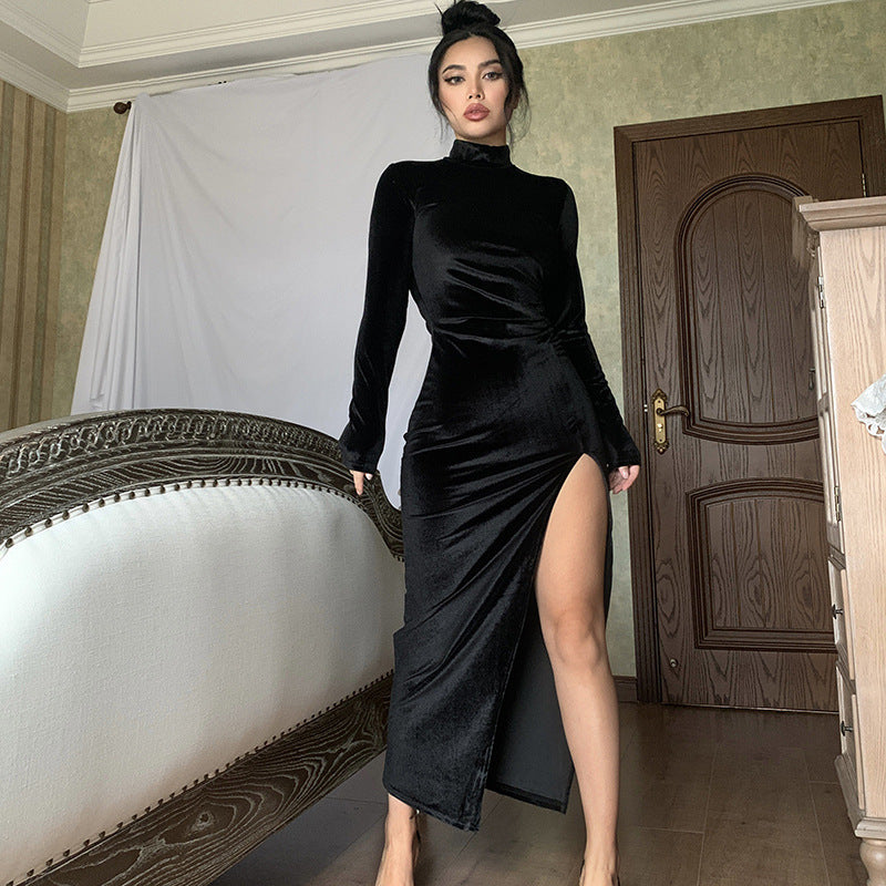 Damen Elegantes Samt-Maxi-Kleid mit hohem Schlitz und Stehkragen Lisslune