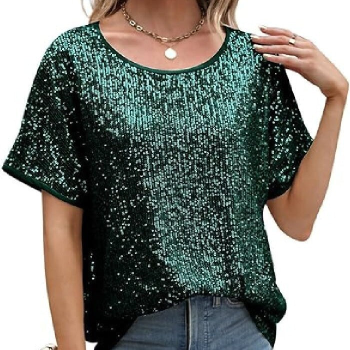 Women Glamorous Sequin Top with Wide Sleeves and Loose Fit Lisslune