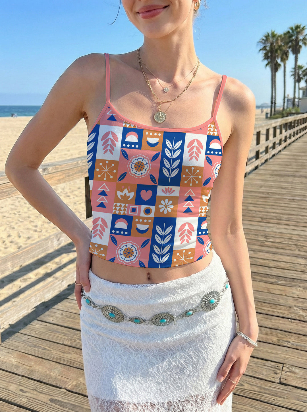 Women's casual floral top with fine spaghetti straps and elastic cut Lisslune