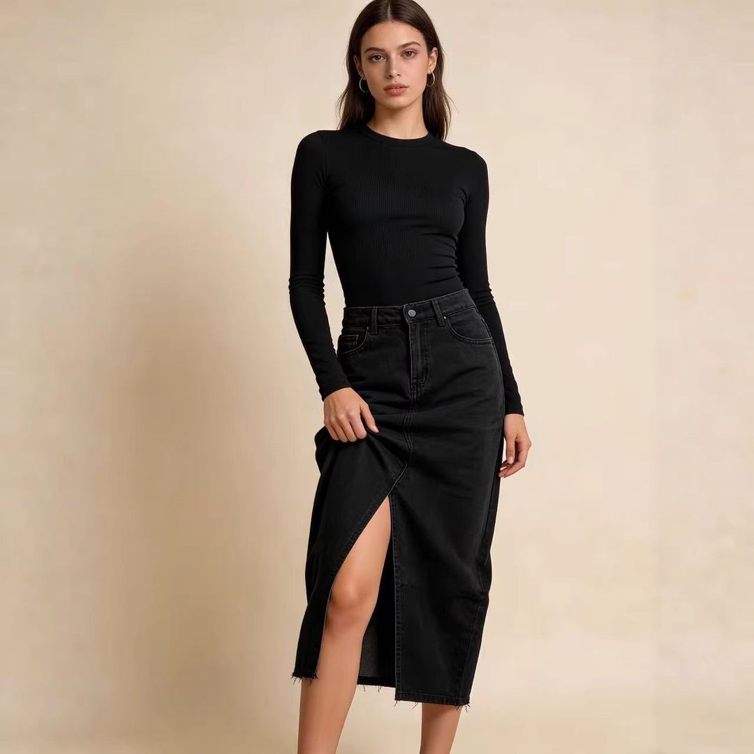 Women's Midi Denim Skirt with High Slit and Frayed Hem Lisslune
