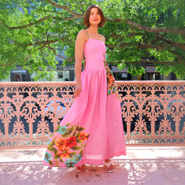 Women's maxi dress with floral draping design and ankle-bared straps