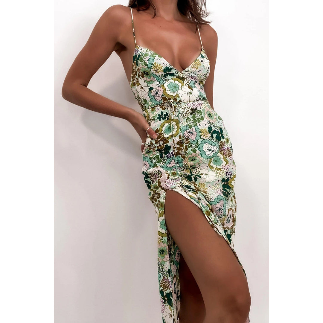 Women Chic Casual Dress with Deep Slit and Elegant V-Neck