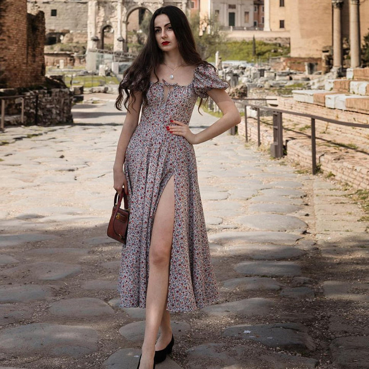 Women’s romantic maxi dress with elastic puff sleeves and delicate floral print Lisslune