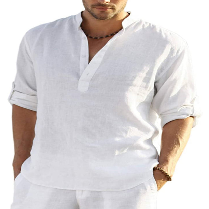 Men's casual linen shirt with stand-up collar and button placket Lisslune