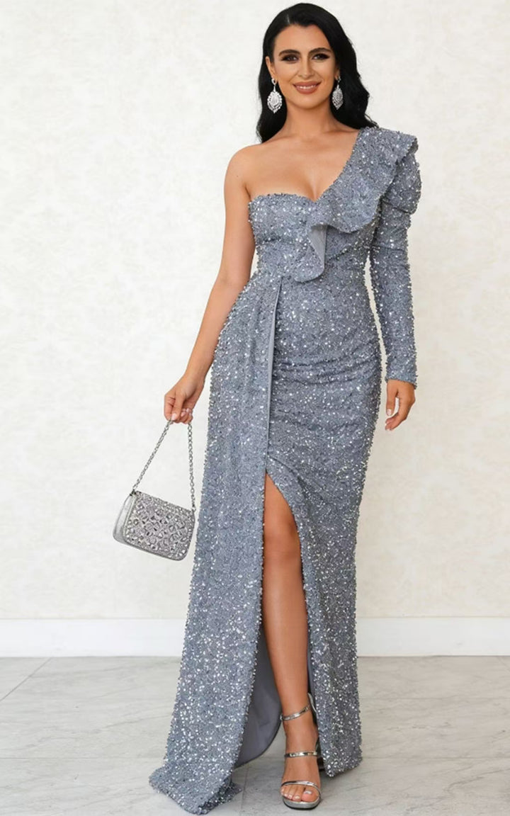 Women's Glamorous Evening Dress with Asymmetrical Cut and Sparkling Sequins