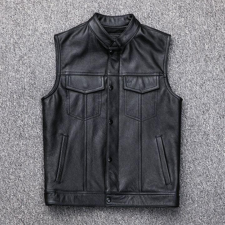 Men's elegant leather vest with practical pockets and stand-up collar Lisslune