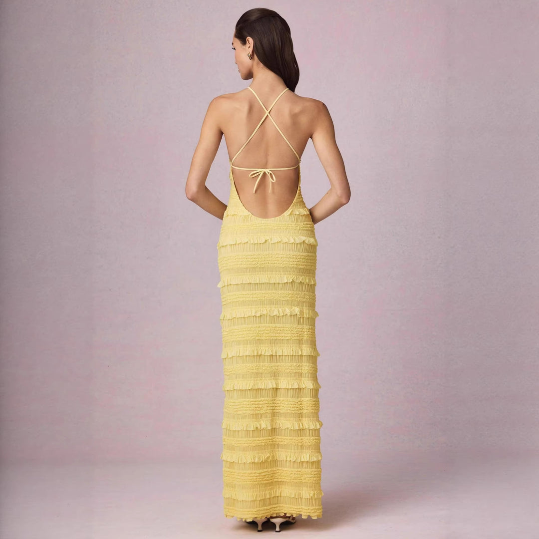 Ladies Maxi Dress with fringed design and elegant halterneck Lisslune