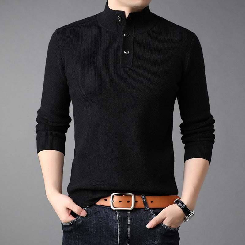 Men's Fine Knit Sweater with High Collar and Button Placket Lisslune