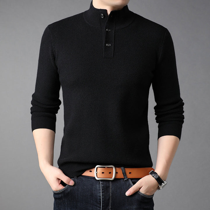 Men's Fine Knit Sweater with High Collar and Button Placket Lisslune