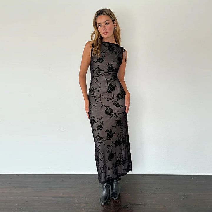 Women’s maxi dress with floral lace detailing and figure-hugging silhouette