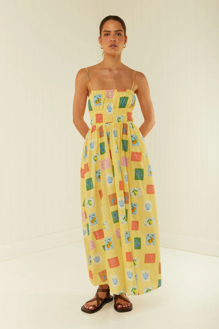 Women's maxi dress with elastic waistband and playful floral pattern Lune London