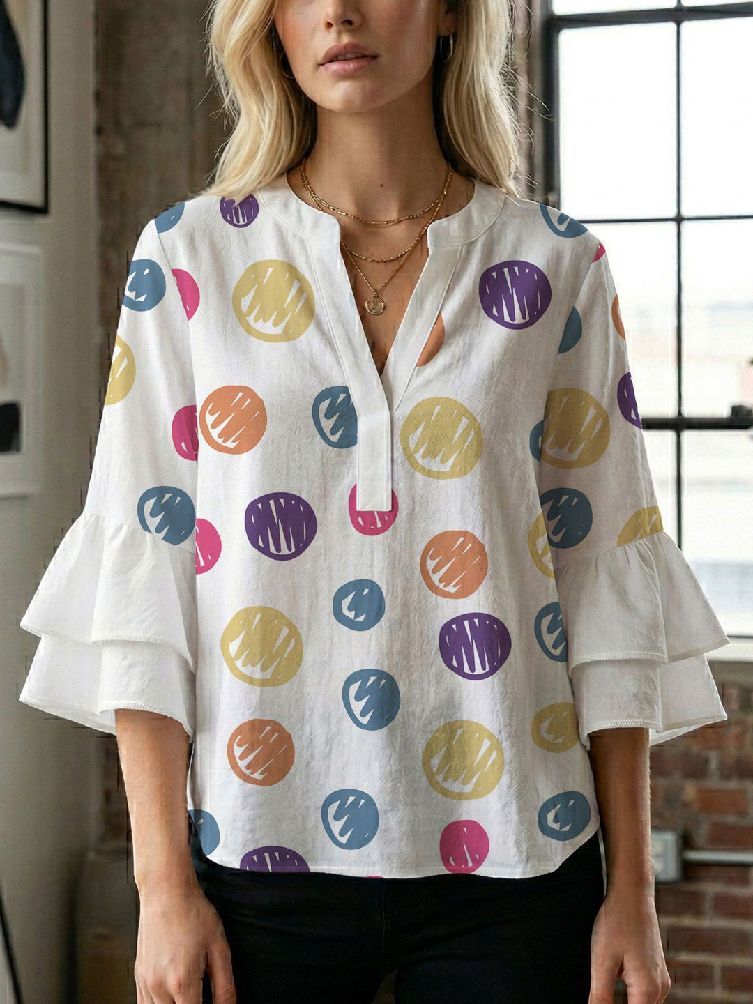 Women's blouse with voluminous wing sleeves and intense leaf pattern Lisslune