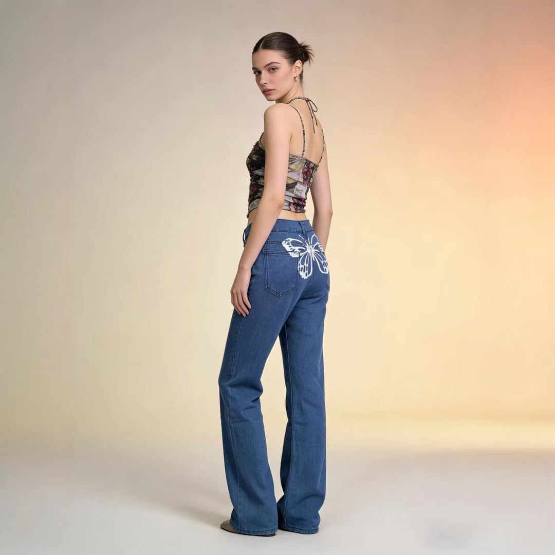 Damen Weite Jeans mit kunstvollem Schmetterlingsdesign Lisslune