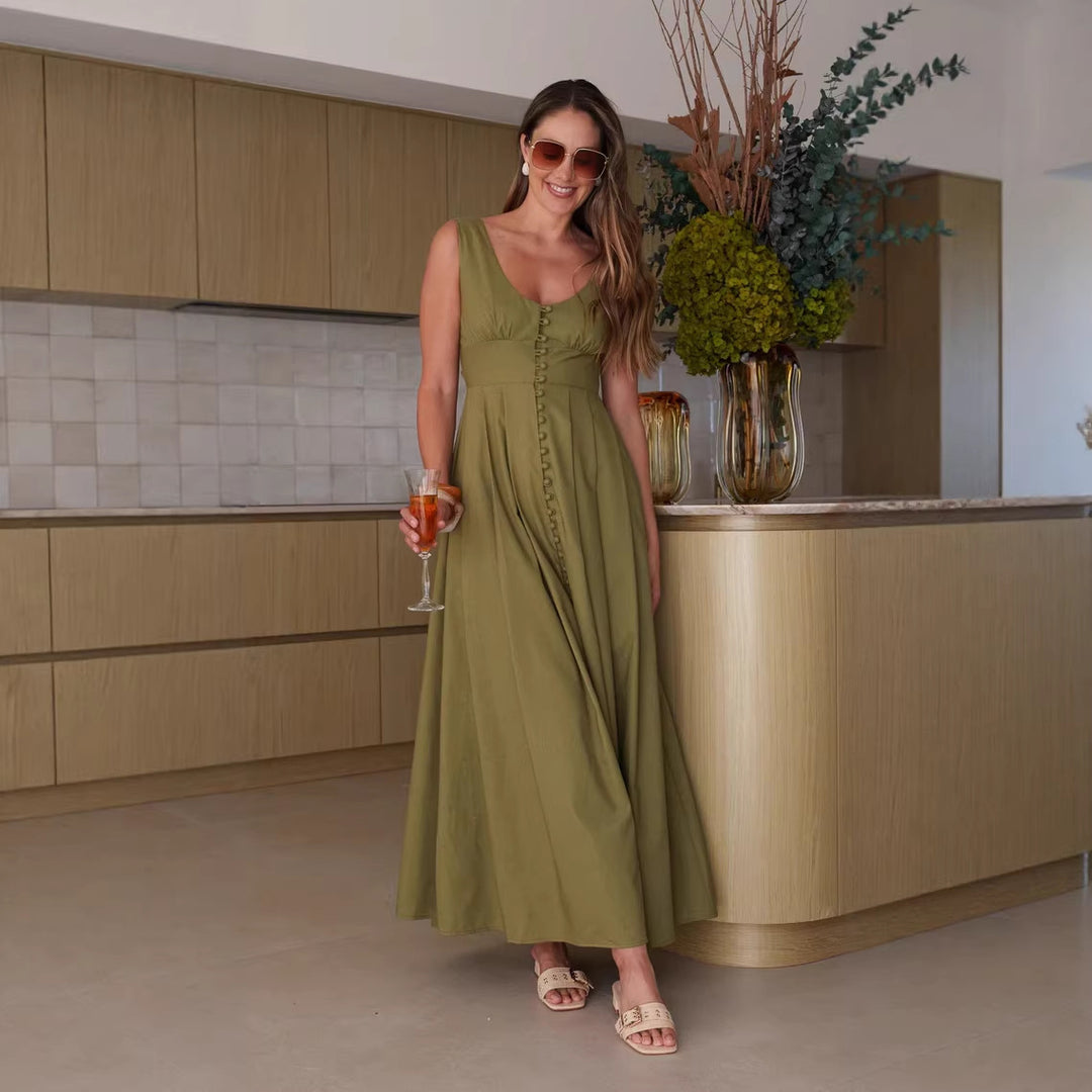 Ladies maxi dress with chic button design and elegant V-neck Lune London