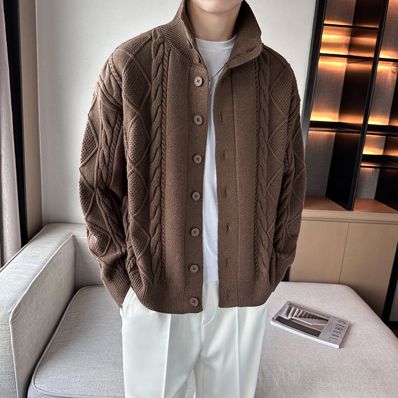 Men's chunky knit sweater with modern stand-up collar and button placket Lisslune