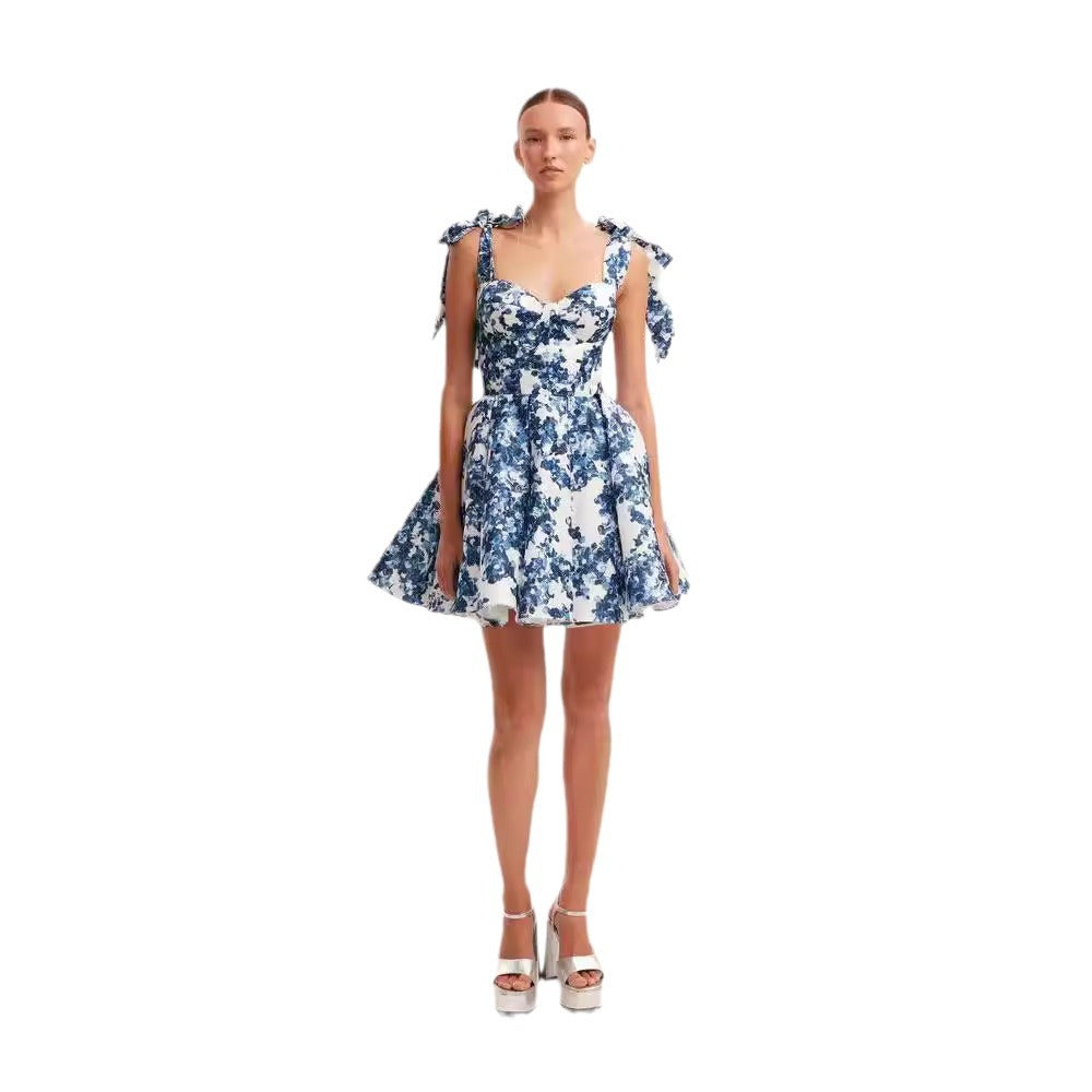 Women's Playful Mini Dress with Floral Design and Sophisticated Straps