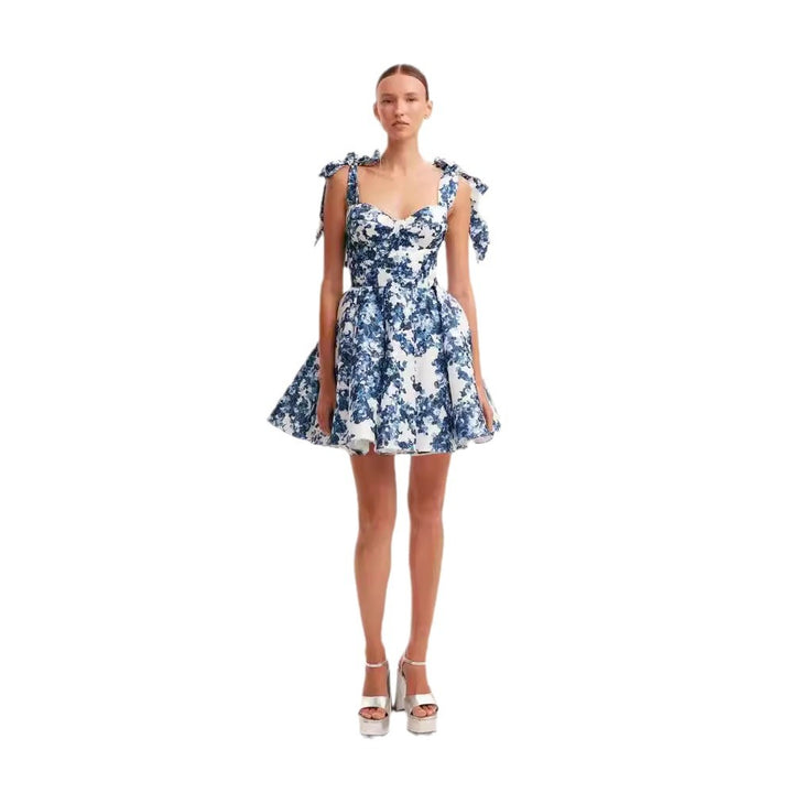 Women's Playful Mini Dress with Floral Design and Sophisticated Straps