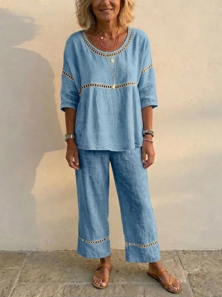 Women's Complete Linen Loungewear Suit with Airy Fit and Lace Accents Lisslune