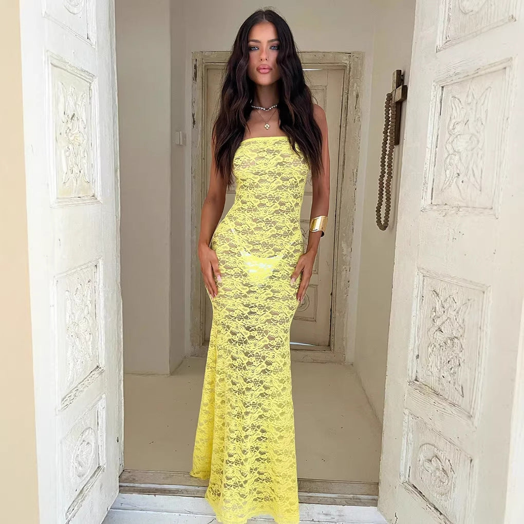 Women's Elegant Lace Maxi Dress with Fitted Silhouette and Off-the-Shoulder Design