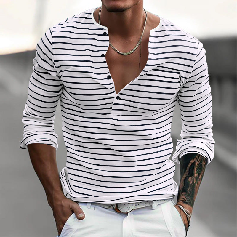 Men's Casual Long Sleeve Shirt with Subtle Stripe Pattern and Button Placket Lisslune