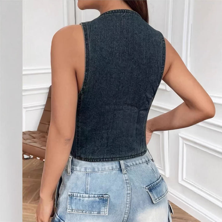Women's sleeveless denim vest with patch pockets and deep V-neck Lisslune
