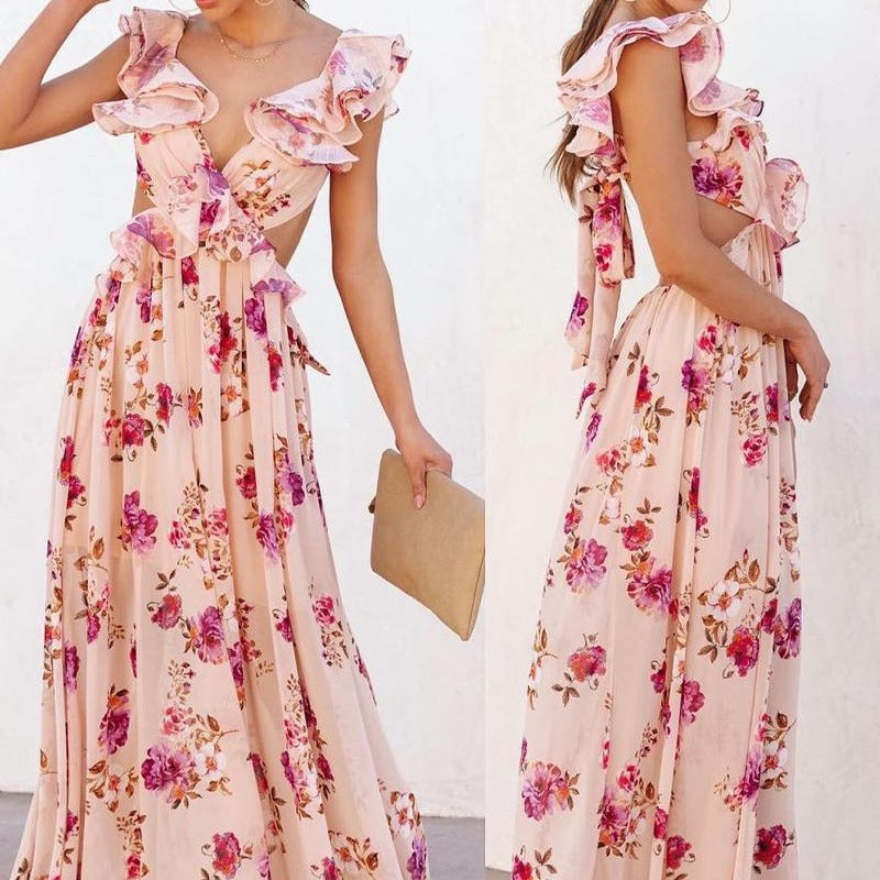 Women's Elegant Maxi Dress with Ruffle Details and Floral Design