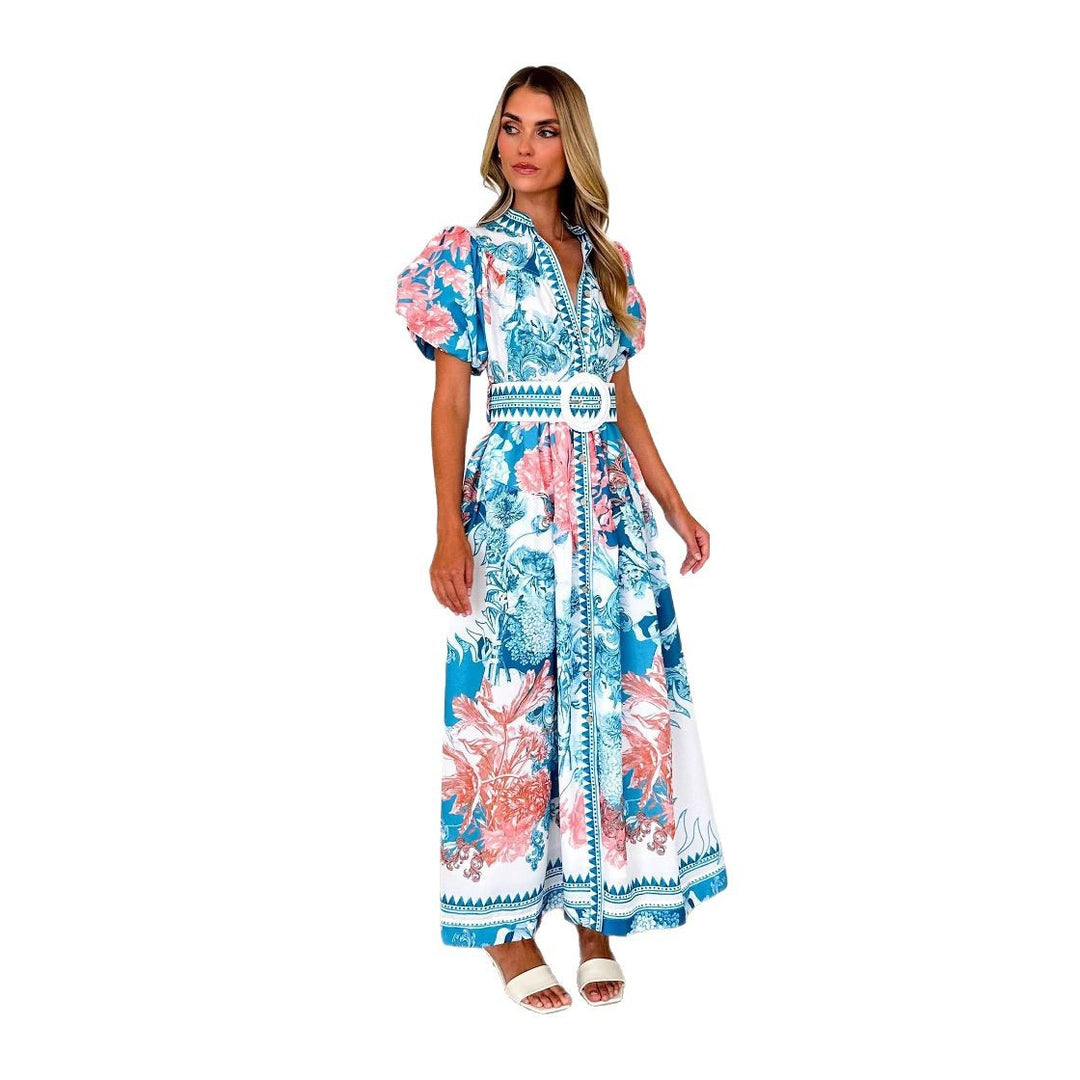 Women’s maxi dress with high collar and elegant puff sleeves Lune London