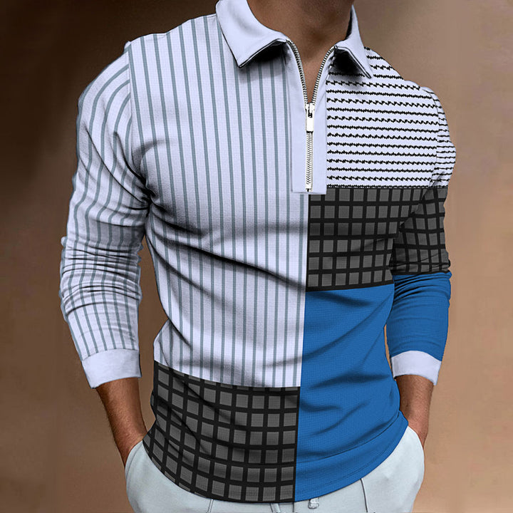 Men's Long Sleeve Polo Shirt with Modern Patchwork Design Lisslune
